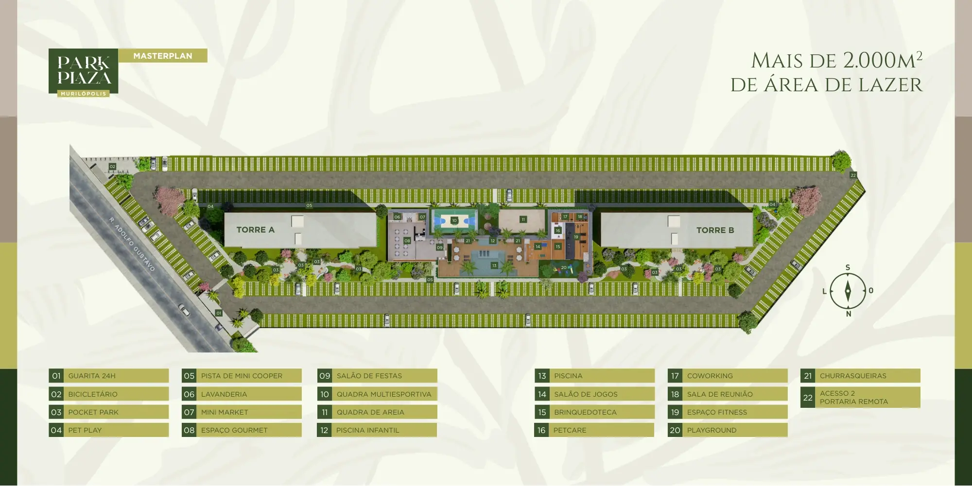 Implantação ilustrada do Park Plaza Murilópolis com legenda de 22 itens