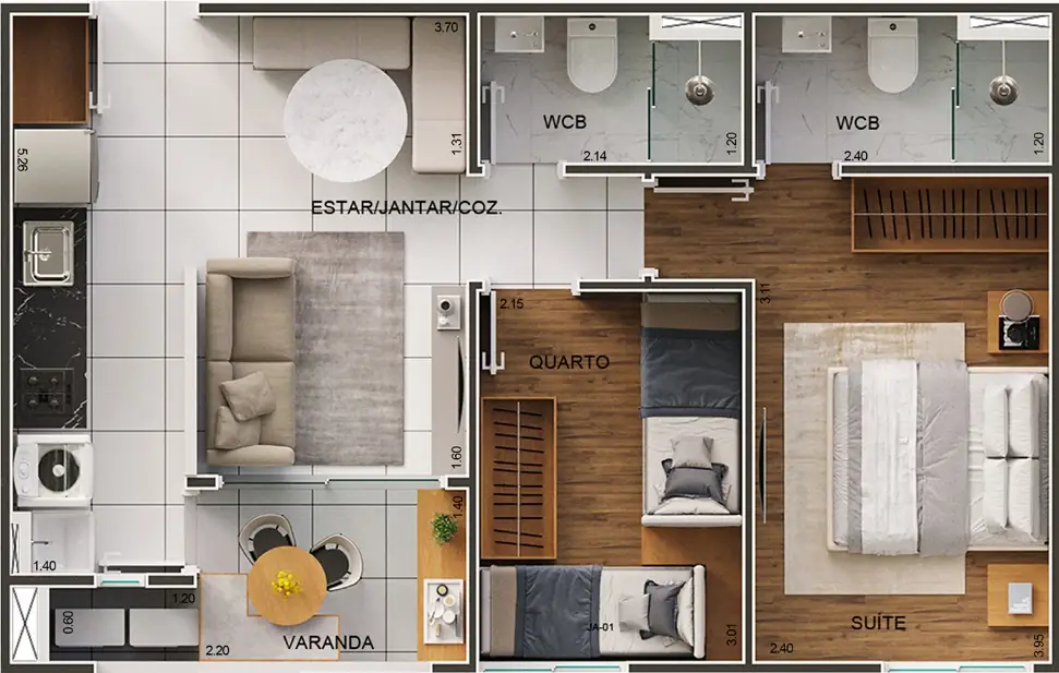 Planta Comfort de 46,69 m² com dois quartos, uma suíte e banheiro social