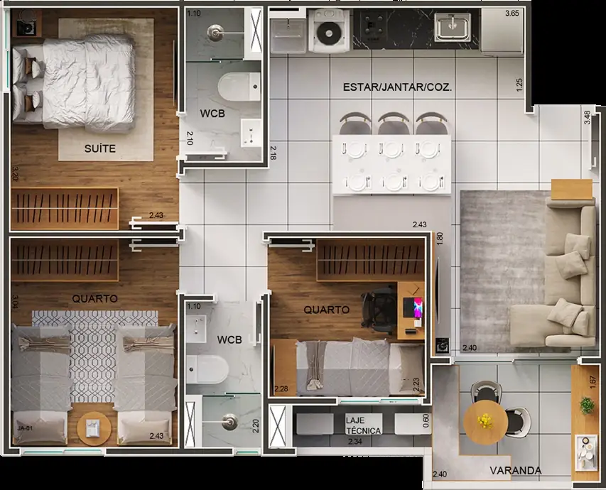 Planta Family de 55,48 m² com três quartos, uma suíte e banheiro social