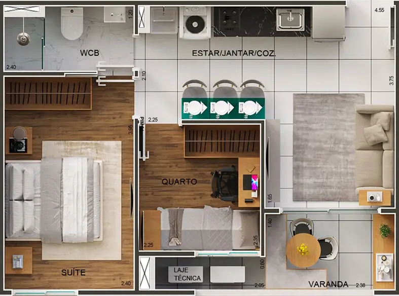 Planta Smart de 40,14 m² com dois quartos e um banheiro de acesso reversível